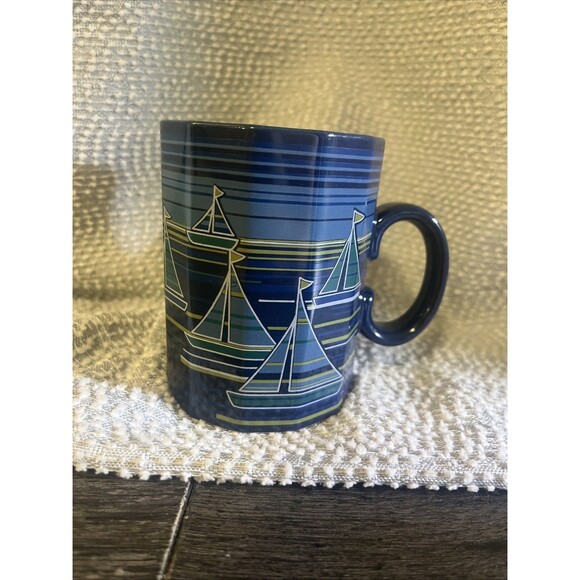 VTG Otagiri Mug Sailboats Blue Paneled Striped Geometric Coffee Tea Japan Read - Picture 1 of 5